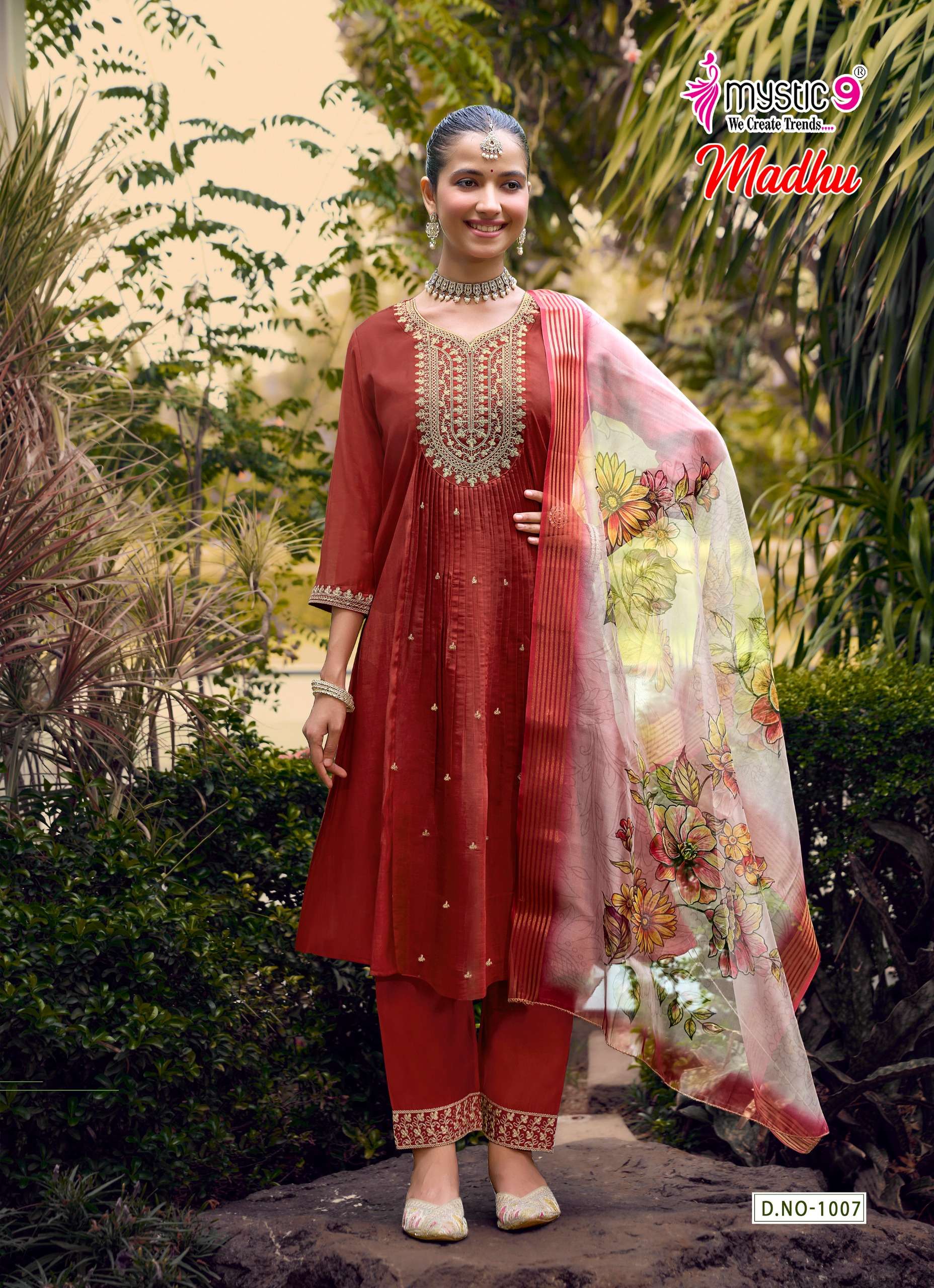 MYSTIC 9 MADHU VOL 1 CHANDERI DYED FLARED CUT CATALOGUE RUND KURTI PANT SUIT TEENAGE BUY